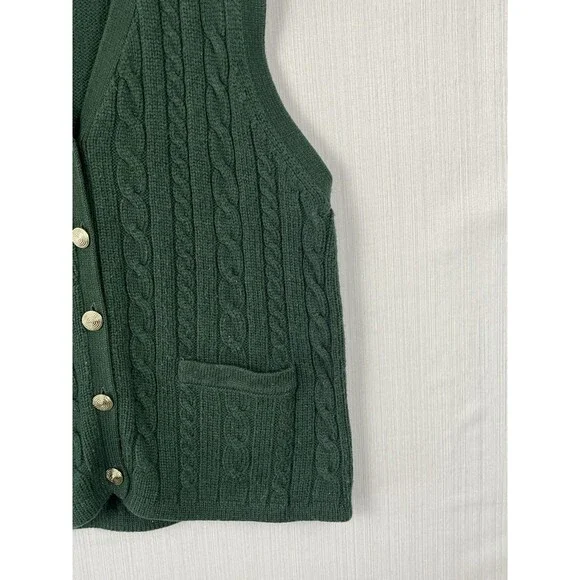 Vintage Preppy Old Money Green Cable Knit Sweater Vest Gold Buttons Small - Picture 9 of 9